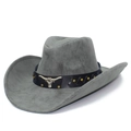 Grijze imitatiesuède cowboyhoed met decoratieve metalen stierkop en gouden studs - Lichtgrijs