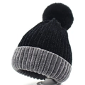 Women's black and grey rib-knit chenille beanie with a large faux fox fur pom pom - Black Pom + Black