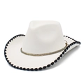 Detail of white felt fedora featuring black stitched edge and golden chain with rhinestones - White