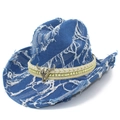 Cappello da cowboy in denim invecchiato con teschio di toro e bordi sfilacciati vintage - Taglia unica / Blu