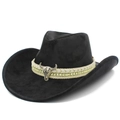 Classic black faux leather western cowboy hat with woven band and silver bull skull ornament - One Size / Black