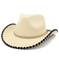 Classic beige wool felt fedora with gold chain rhinestone band and black wavy brim - Beige