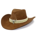 Brown western cowboy hat with wide brim, featuring a faux suede finish and silver bull skull accent - One Size / Brown