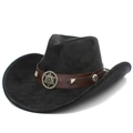 Classic black wide-brim western cowboy hat with brown leather band and metal badge - One Size / Black
