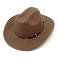 Close-up of brown wool felt western hat with black rivet band and gold buckle detail - One Size / Brown