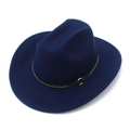 Detailed close-up of navy blue wool fedora hat with gold studded leather band belt - One Size / Dark Blue