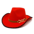 Classic red wool felt fedora with black stitched brim and gold metal chain buckle detail - Red