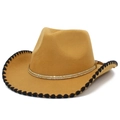 Classic camel felt fedora with gold chain trim and black braided edge detail - Khaki