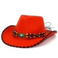 Chapeau de cow-boy ethnique en feutre rouge avec perles turquoise et bord surpiqué - Rouge