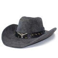 Vintage grauer Western Cowboyhut aus PU-Leder mit silbernem Stierkopf und Nieten - Dunkelgrau