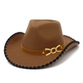 Classic brown felt cowboy hat with gold chain band and black stitched brim for adults - Coffee