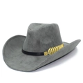 Classic gray faux suede Fedora hat with black ribbon and a gold feather metal accessory - One Size / Light Gray