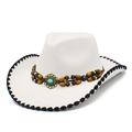 Chapeau de cowboy beige style western avec bordure tressée et bandeau de perles ethnique - Blanc