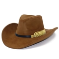 Classic brown PU leather jazz fedora hat with elegant golden feather metal buckle - One Size / Brown