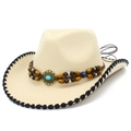 Chapeau de cow-boy classique en feutre crème avec perles turquoise et bordure surpiquée - Beige