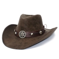 Classic dark brown wide brim western cowboy hat with studded leather band and metal badge - One Size / Coffee