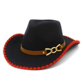 Classic black wool jazz hat with red stitched brim and brown leather band buckle - Black