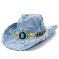 Cappello da cowboy in denim blu vintage con fascia etnica e pietra turchese - Azzurro