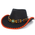 Cappello cowboy etnico in feltro nero con perline turchesi e bordo intrecciato rosso - Nero