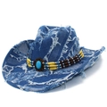 Cappello da cowboy vintage in denim blu con frange e decorazione etnica turchese - Blu