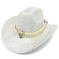 Cappello da cowboy bianco con paillettes, teschio di toro argento e fascia intrecciata - Argento