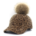 Women's leopard print baseball cap with a large brown faux fur pom pom top - Adjustable / Coffee + Faux Raccoon Pom-pom