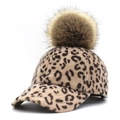 Women's leopard print baseball cap with a fluffy brown pompom for autumn and winter - Adjustable / Beige + Faux Raccoon Pom-pom