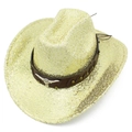 Sparkling gold sequin cowboy hat featuring a brown belt and silver bull head emblem - Gold