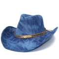 Denim blue western cowboy hat with gold rhinestone decorative band on white background - One Size / Dark Blue