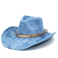 Classic blue washed denim cowboy hat with textured brown decorative band shown at a 45-degree angle - One Size / Blue