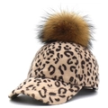 Women's leopard print baseball cap featuring a large fluffy brown faux fur pom pom - Adjustable / Beige + Real Raccoon Pom-pom