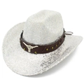 Sparkly white sequin western cowboy hat with brown leather band and metal bull head emblem - Silver