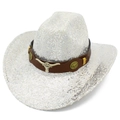 Chapeau de cowboy argenté à paillettes avec bandeau en cuir brun et emblème de taureau - Argenté