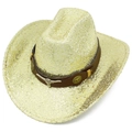 Chapeau de cowboy à paillettes dorées avec emblème de taureau et bande brune - Doré