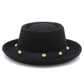 Retro black wool felt pork pie hat featuring golden metallic studs and a narrow brim - Black