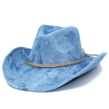 Light blue denim western cowboy hat with gold chain and rhinestone band decoration - One Size / Blue