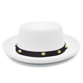 Classic white wool felt fedora hat with black band and gold rivet accents for men and women - White