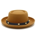 Detail view of camel wool pork pie hat with black ribbon and gold metal rivets - Khaki