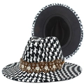 Houndstooth jazz hat with leather heart belt and silver studs, front and interior view - Black And White Houndstooth Style (FT786)