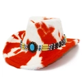 Western style cow print cowboy hat in orange and white with a turquoise bead band - Red (Orange-Red Cow Print)
