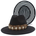 Black wool fedora hat with heart stud leather belt and houndstooth lining interior - Solid Black With Houndstooth Lining Style (FT786)