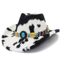 Cow print faux fur cowboy hat with vintage turquoise bead band on white background - Black (Black & White Cow Print)
