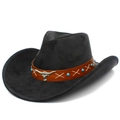 Classic black suede western cowboy hat with wide brim and turquoise bull head detail - One Size / Black