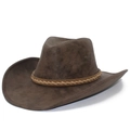 Classic dark brown suede western cowboy hat with vintage woven band on white background - Coffee