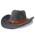 Dark grey wide-brim western cowboy hat with leather band and metal bull head emblem - One Size / Gray