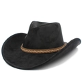 Classic black suede western cowboy hat with a brown woven band on a white background - Black