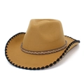 Classic wide-brimmed felt cowboy hat in mustard yellow with brown braided band - Khaki