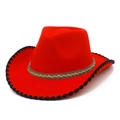 Elegant red felt wide-brim cowboy hat with black stitched edges and woven vintage band - Red