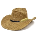 Lightweight straw cowboy hat with a black band and golden feather ornament for summer - Brown