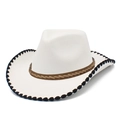 Detail showing the white felt fedora hat with brown leather band and black scalloped edge - White